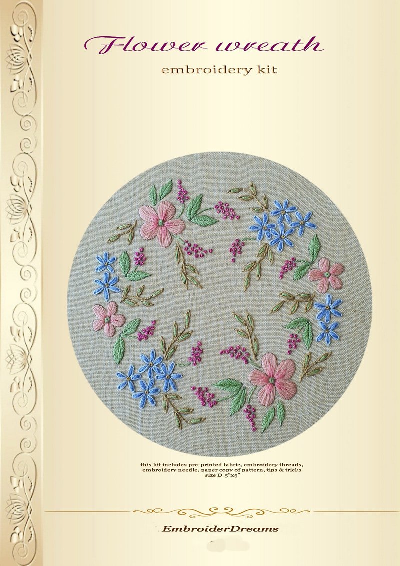 手工刺繡套件 Flower wreath hand embroidery kit. - 編織/刺繡/羊毛氈/縫紉 - 繡線 多色