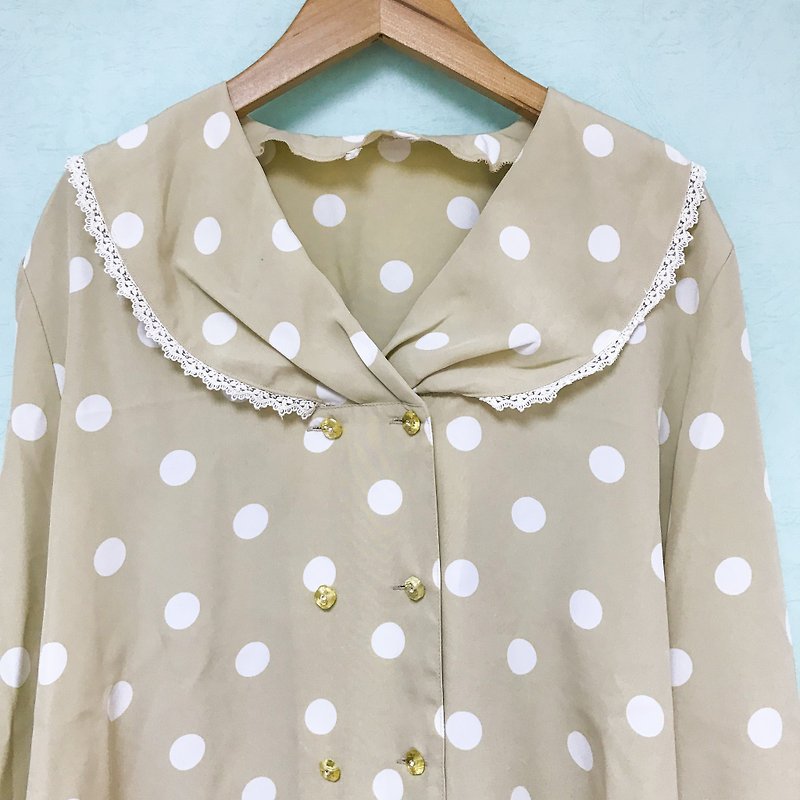 Top / Ivory Long-sleeves Top with Polka Dots - เสื้อแจ็คเก็ต - เส้นใยสังเคราะห์ สีกากี