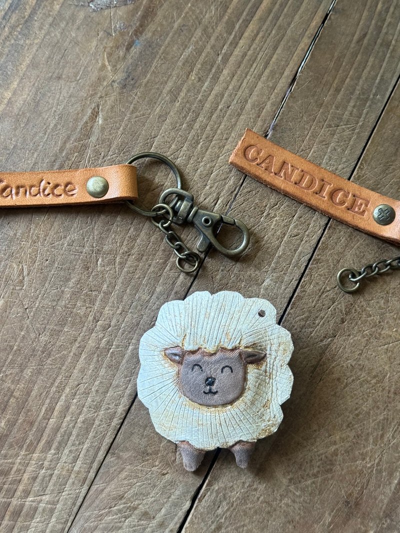 Cute lamb zodiac sign pure cowhide keychain - name can be engraved - ที่ห้อยกุญแจ - หนังแท้ สีส้ม