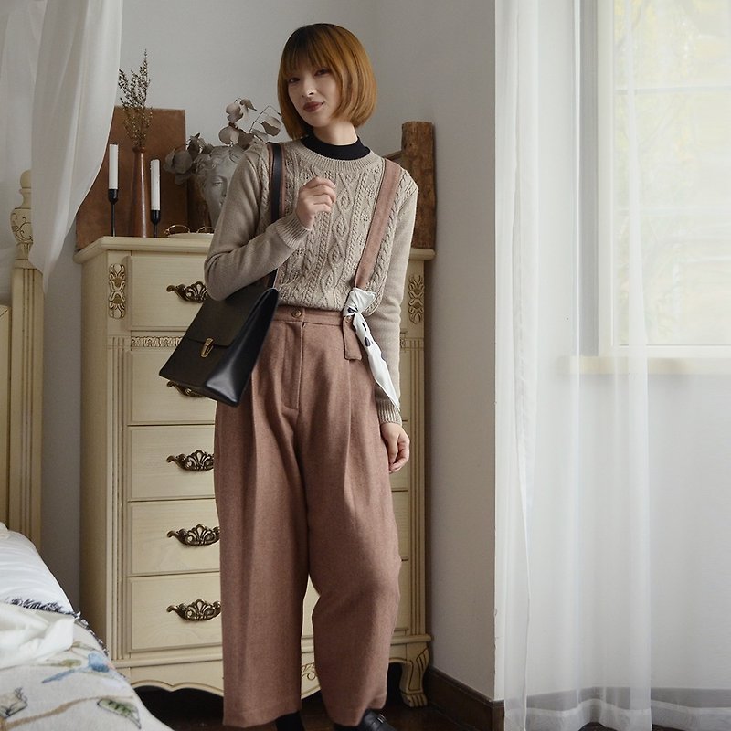 Two-tone high-rise bib - light caramel | pants | autumn and winter models | wool blend | independent brand | Sora-210 - จัมพ์สูท - ขนแกะ 