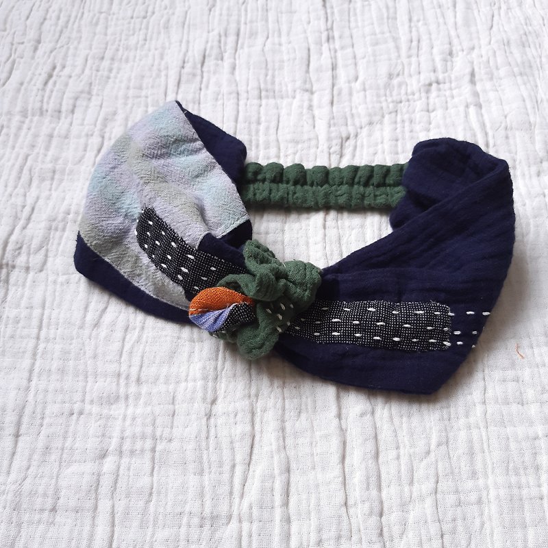 DUNIA handmade /棉紗拼布寬版寶寶髮帶/ 海軍藍 - 嬰兒帽/髮帶 - 棉．麻 藍色