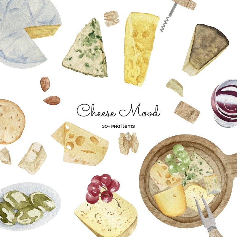 Watercolor clipart wine and cheese set - วาดภาพ/ศิลปะการเขียน - วัสดุอื่นๆ หลากหลายสี