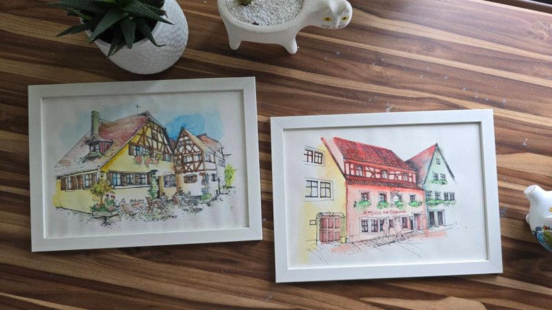 Picture frame/watercolor/travel sketch_Rotenberg, Germany 4-piece set - กรอบรูป - กระดาษ 