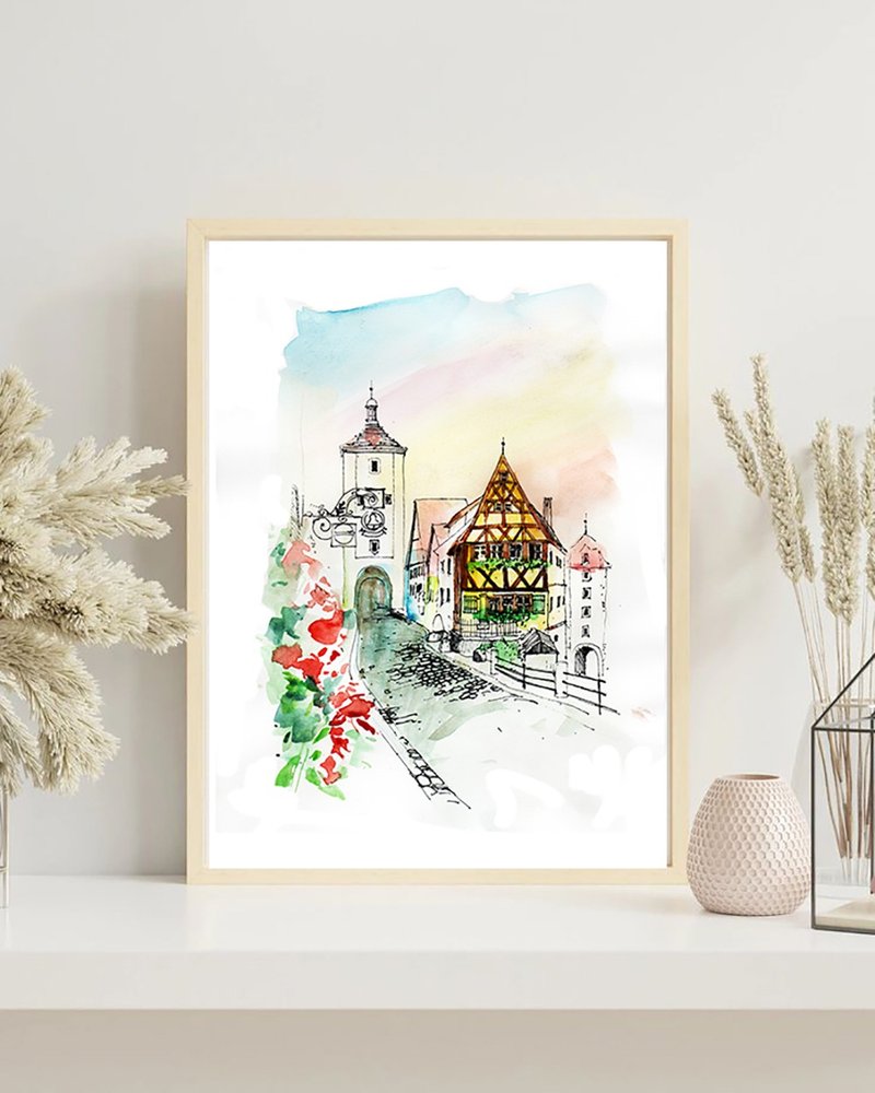 Picture frame/watercolor/travel sketch_Rotenberg, Germany 4-piece set - กรอบรูป - กระดาษ 