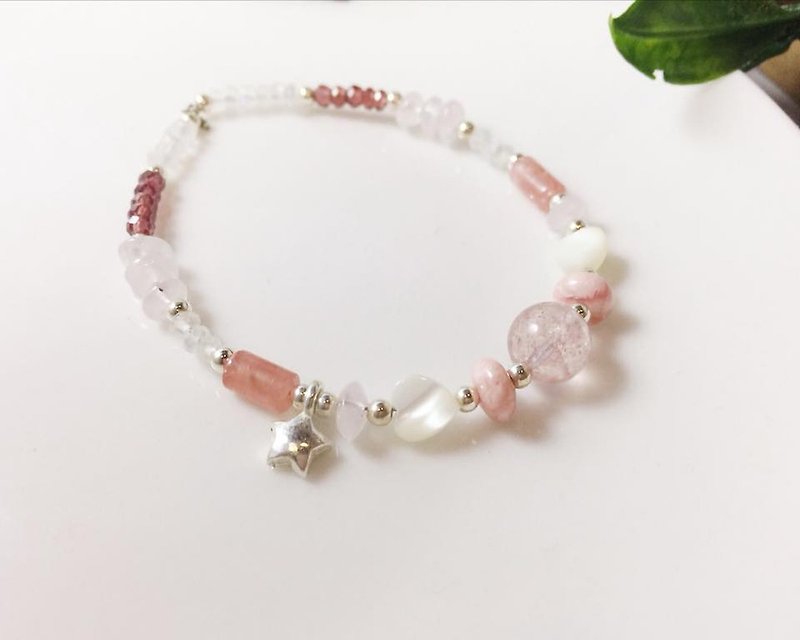 MH sterling silver natural stone custom series _ Xing Qing love _ rhodochrosite _ strawberry crystal - Bracelets - Gemstone Pink