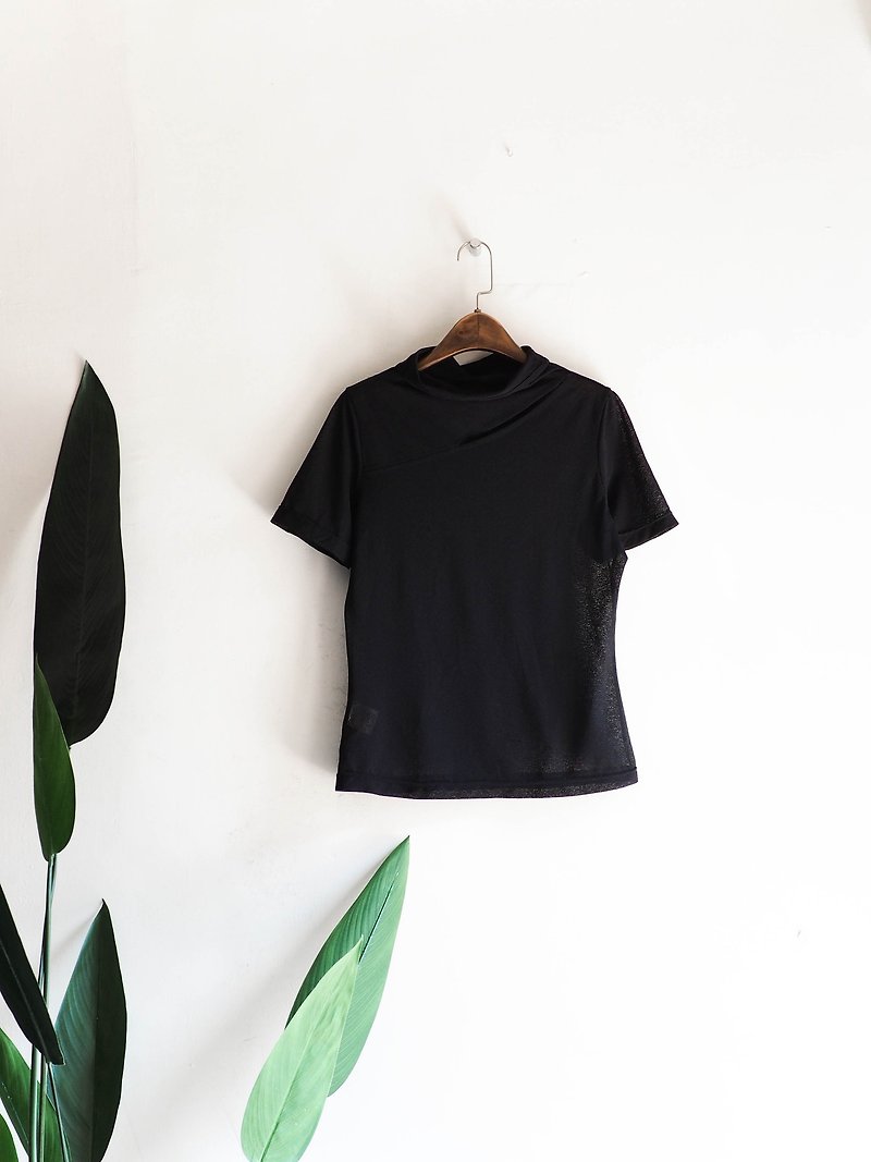 River Hill - Ibaraki dark pure minimalist veiled silk saga antique sense spinning shirt shirt shirt oversize vintage - เสื้อยืดผู้หญิง - เส้นใยสังเคราะห์ สีดำ