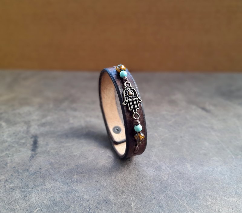 Hamsa Hand Minimal Leather Bracelet - Turquoise, Tiger's Eye Protection Charm - 手鍊/手環 - 真皮 咖啡色