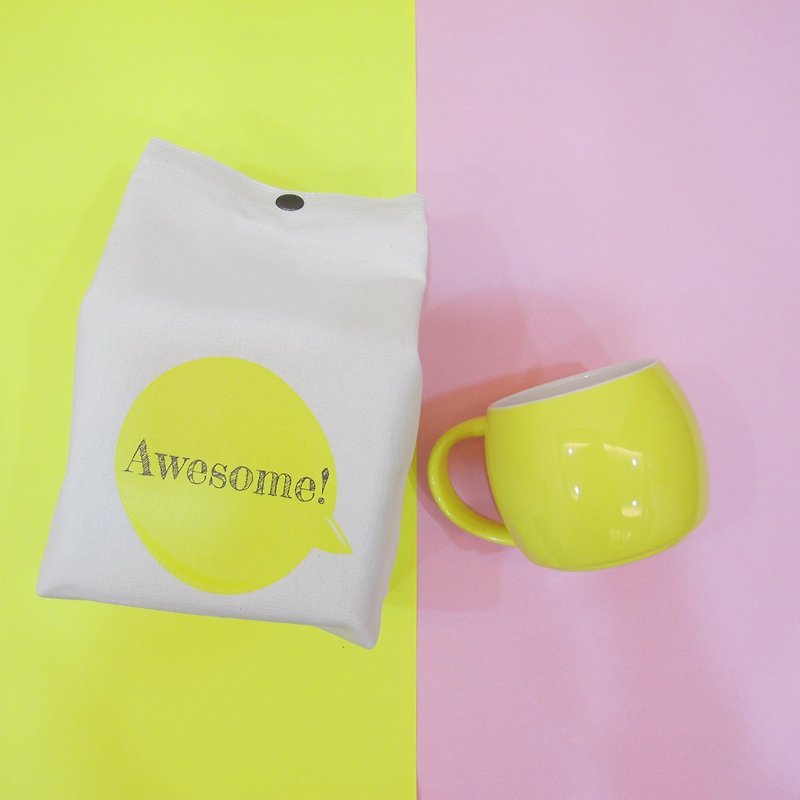 客製化-馬卡龍疊疊馬克杯 帆布手拿摺疊收納袋-向日黃 - 咖啡杯 - 陶 黃色