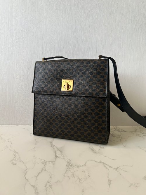 LA LUNE Vintage 日本鑑證古董品選物店 稀有中古二手Celine小號凱莉黑色老花皮革單肩側背斜孭揹包手袋