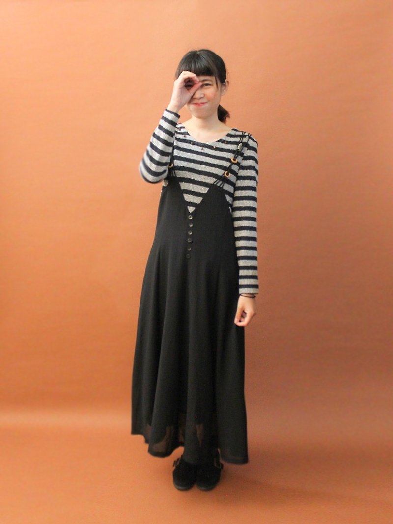 復古秋冬台灣製可愛假兩件條紋黑色長袖古著洋裝 Vintage Dress - 連身裙 - 聚酯纖維 黑色