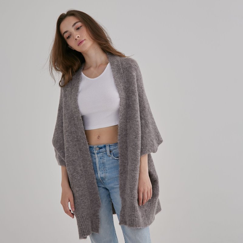 Alpaca shawl style convertible coat-warm gray - สเวตเตอร์ผู้หญิง - ขนแกะ สีเทา