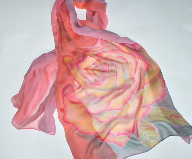 Hand painted silk scarf. Pink floral silk scarf. Painted silk