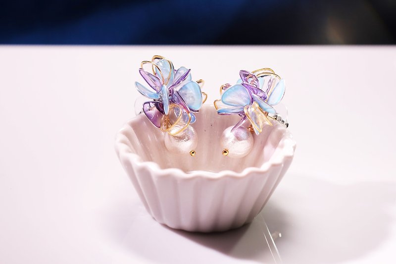 A pair of purple x blue hand-made jewelry earrings - Earrings & Clip-ons - Resin Purple