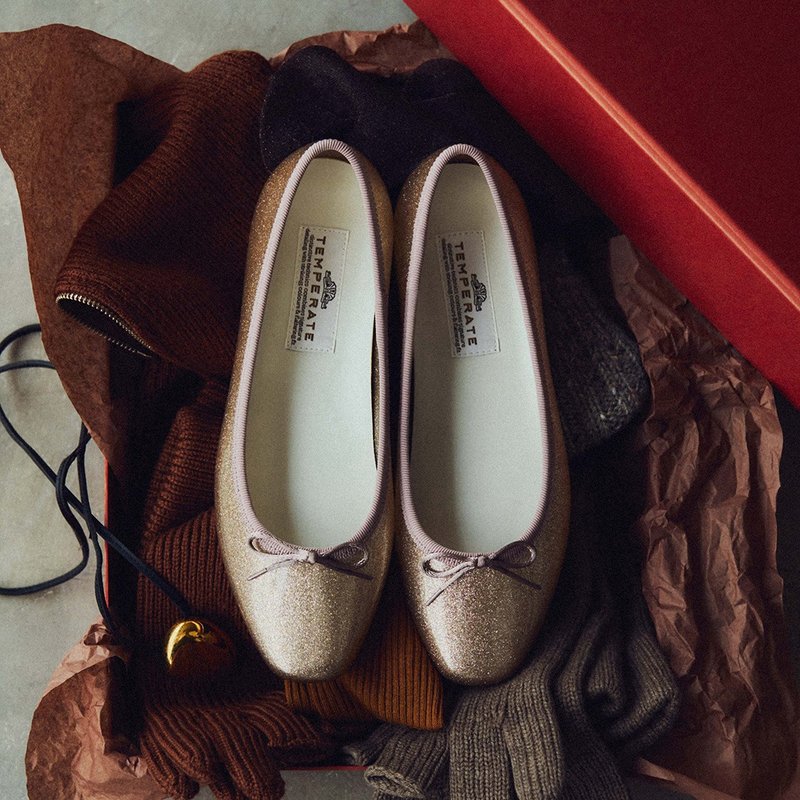 EMMA GLITTER (CHAMPAGNE) PVC SQUARE TOE FLATS / RAIN SHOES スクエアトゥ パンプス - レインシューズ・ブーツ - 防水素材 ゴールド