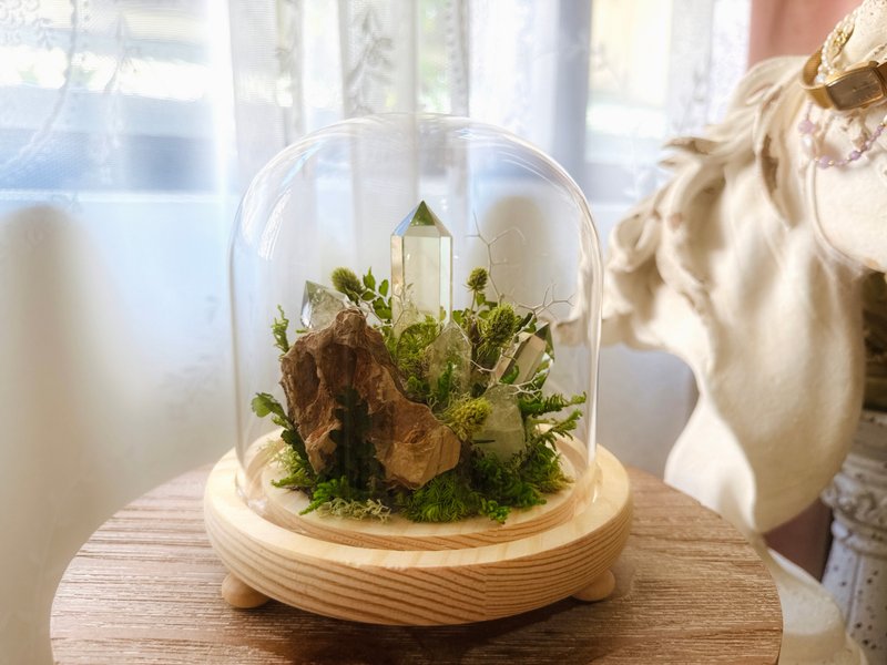 永恆小金山 玻璃罩。黃水晶柱 永生葉材綠植栽 - 植栽/盆栽 - 水晶 黃色