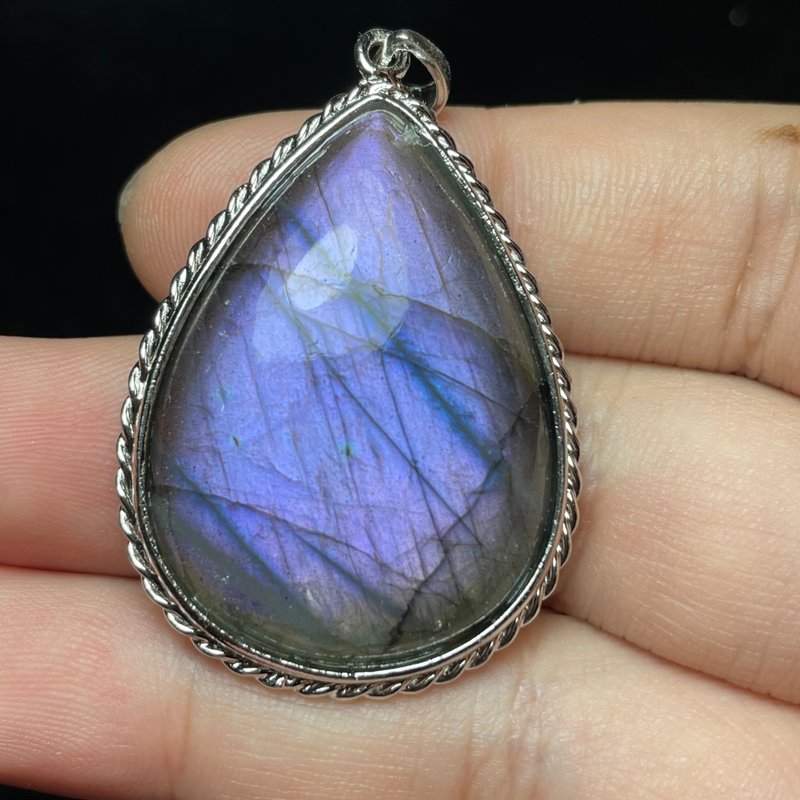 紫色拉長石Labradorite 純銀麻花厚銀包鑲 台灣手工製作 SB28 - 項鍊 - 寶石 紫色