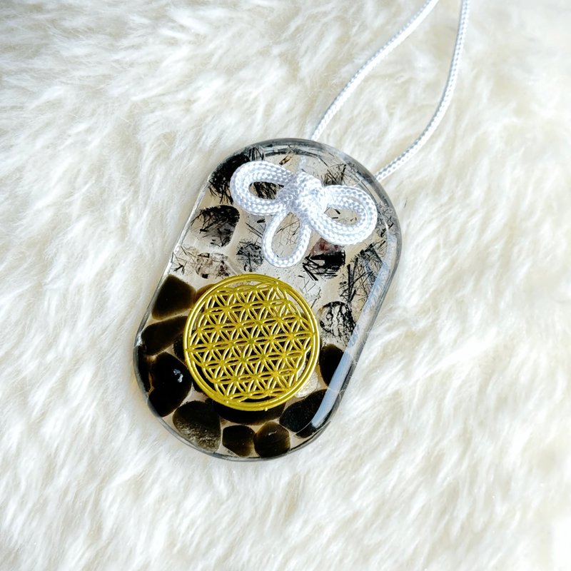 [Crystal Guardian] Black Hair Crystal + Golden Stone. flower of life - Charms - Crystal 