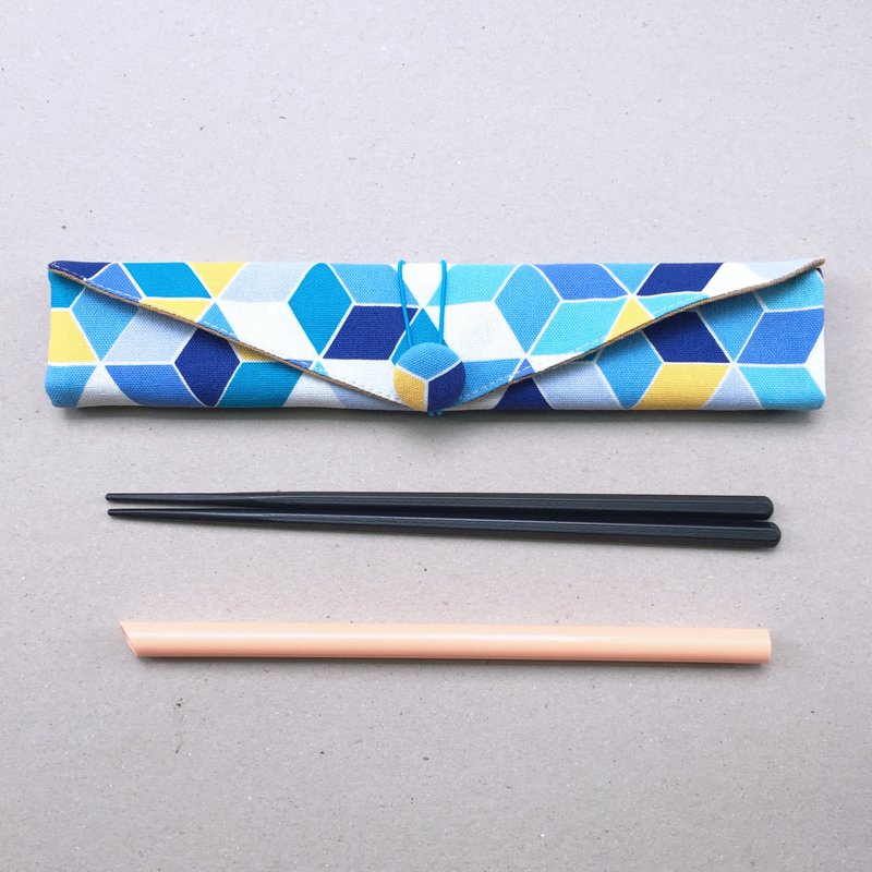 adoubao-筷套 餐具包 吸管袋-藍白黃&幾何立方塊 - 筷子/筷架 - 棉．麻 藍色