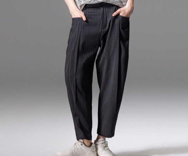 夏の縦長くすみ柄クロップドパンツストレートメンズストライプ