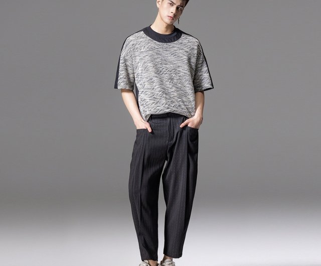 夏の縦長くすみ柄クロップドパンツストレートメンズストライプ