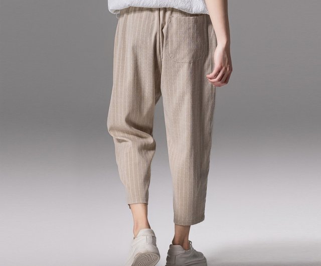 夏の縦長くすみ柄クロップドパンツストレートメンズストライプ