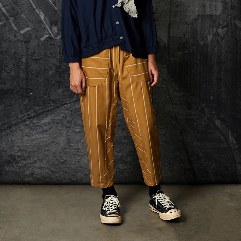 RE_Yan Yunan striped stitching large pocket casual pants - Unisex Pants - Cotton & Hemp Khaki