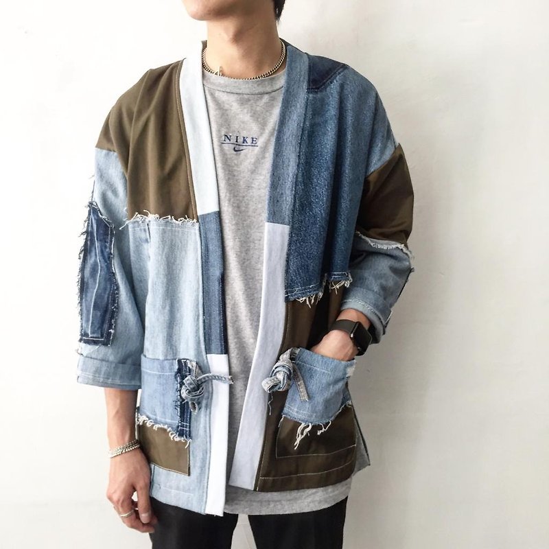 Denim patchwork kimono jacket - เสื้อโค้ทผู้ชาย - ผ้าฝ้าย/ผ้าลินิน 