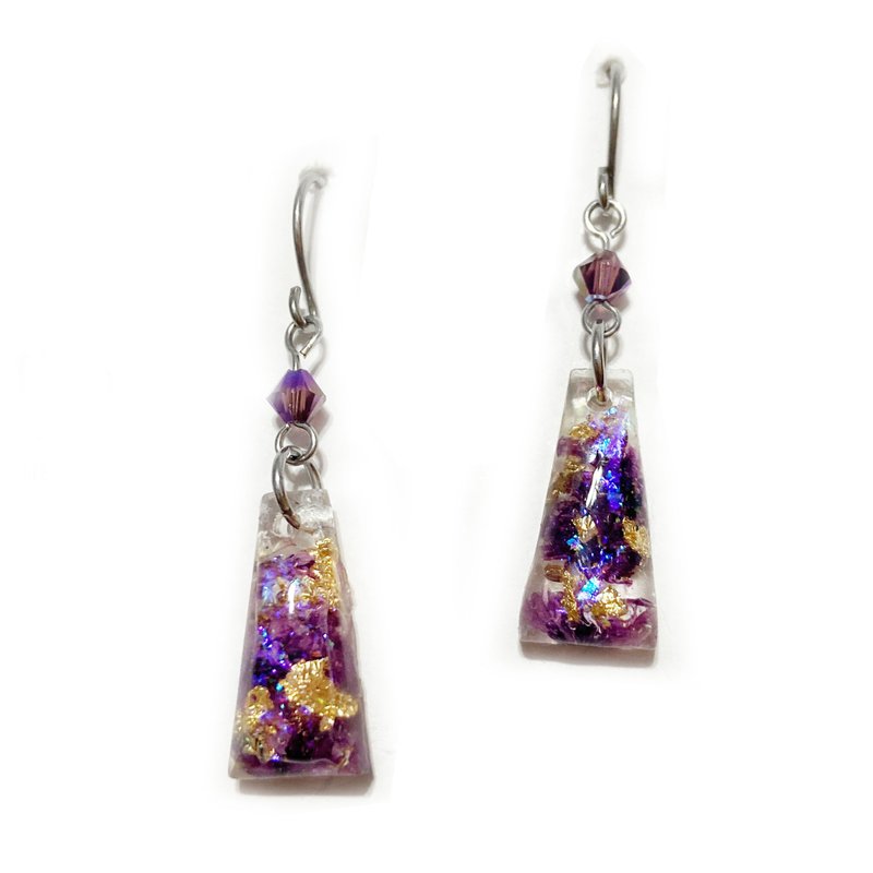 Dried Flowers Deep Purple Gypsophila Crystal Drop Earrings - ต่างหู - เรซิน สีม่วง