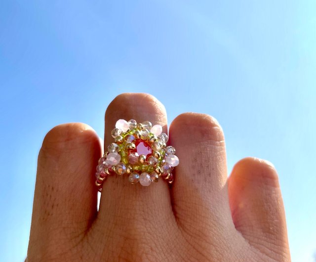 希少　スワロフスキー　広島ビーズ　指輪　リング　ピンク　ピーチ　ビーズ　ローズ 希少 スワロフスキー 広島ビーズ 指輪 リング ピンク ピーチ