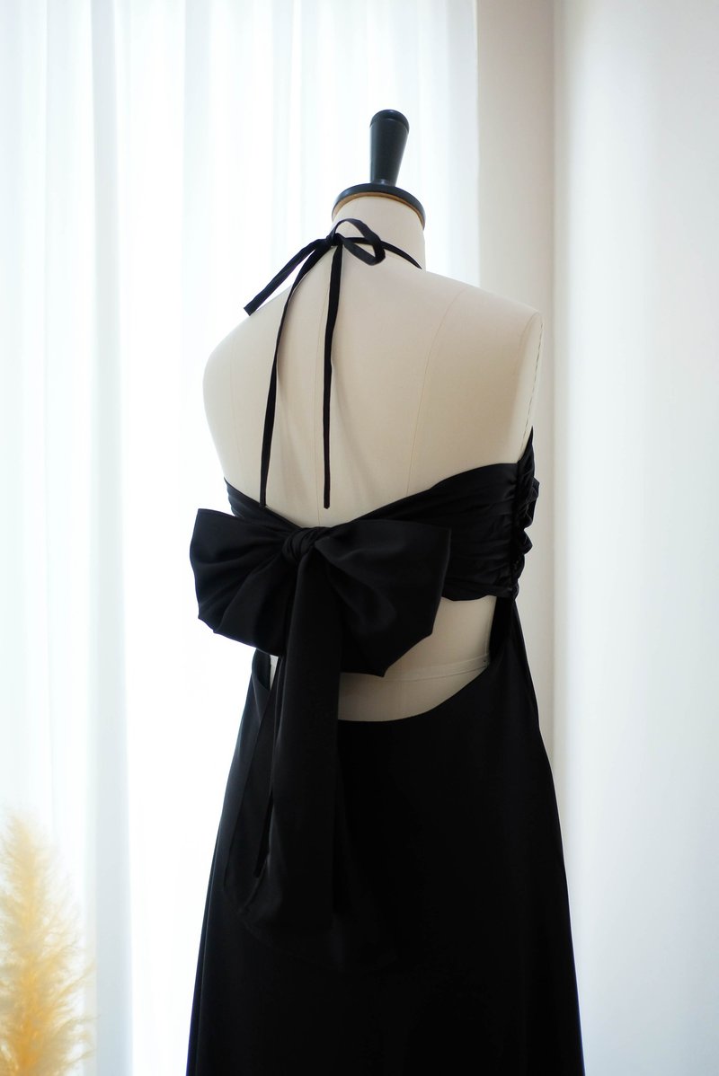 Black long dress bridesmaid dress floor length halter maxi backless party dress - 洋裝/連身裙 - 聚酯纖維 黑色