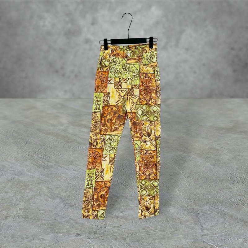 Second-hand coffee green orange color printing light and slightly stretchy pocket high waist 25 trousers PF511 - กางเกงขายาว - เส้นใยสังเคราะห์ หลากหลายสี