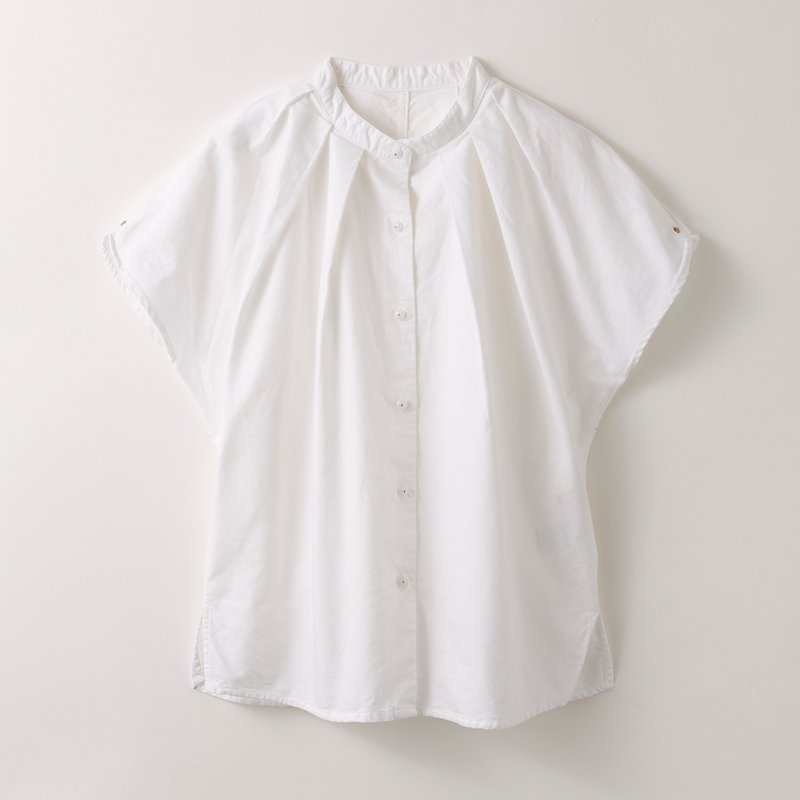 スタンドカラータックシャツ -白椿- - 女上衣/長袖上衣 - 棉．麻 白色
