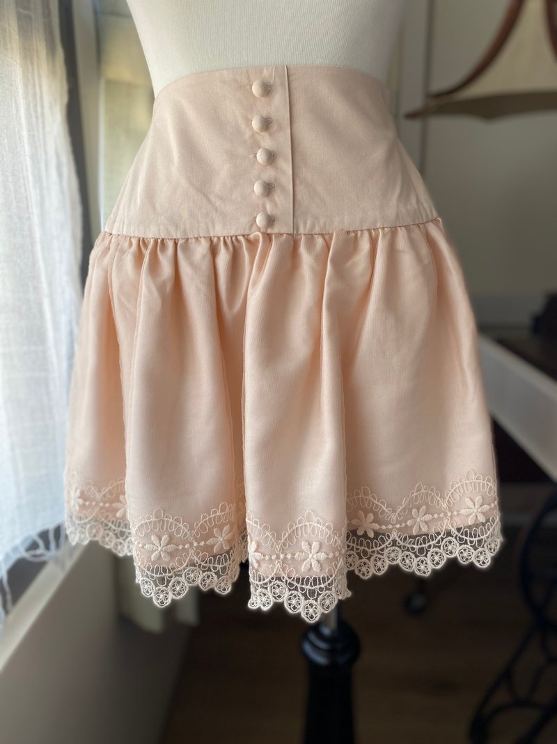 日系粉色蕾絲邊高腰短裙 - 裙子/長裙 - 聚酯纖維 粉紅色