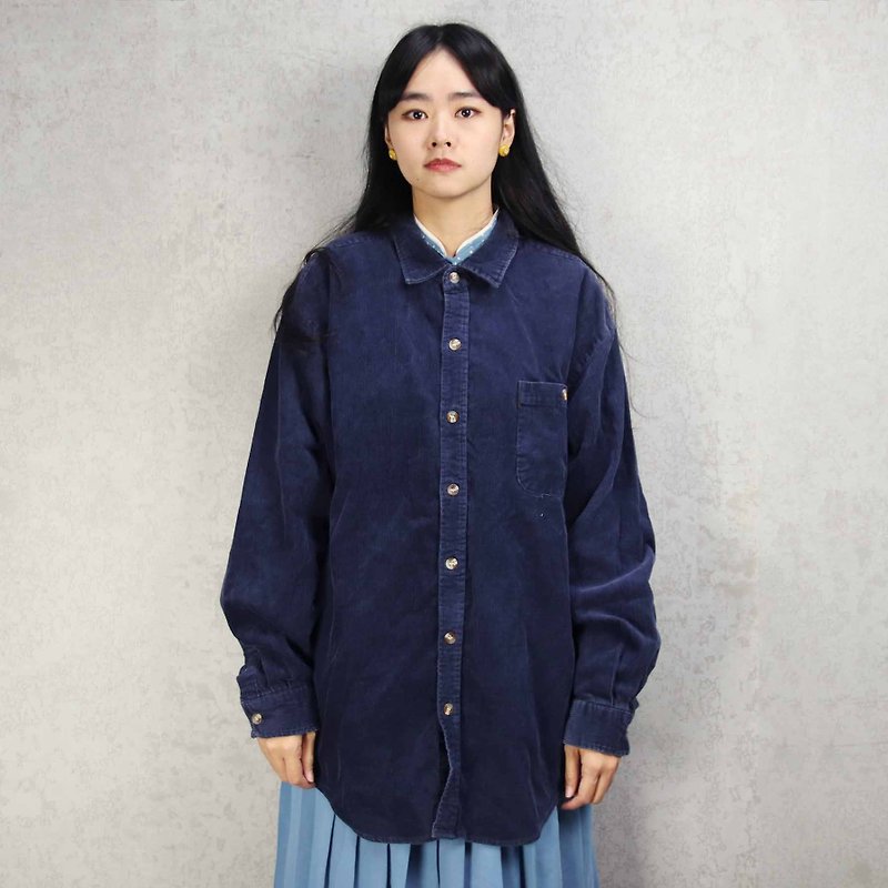 Tsubasa.Y Antique House A10 Dark Blue Thick Corduroy Shirt, Corduroy Shirt - Women's Shirts - Other Materials 