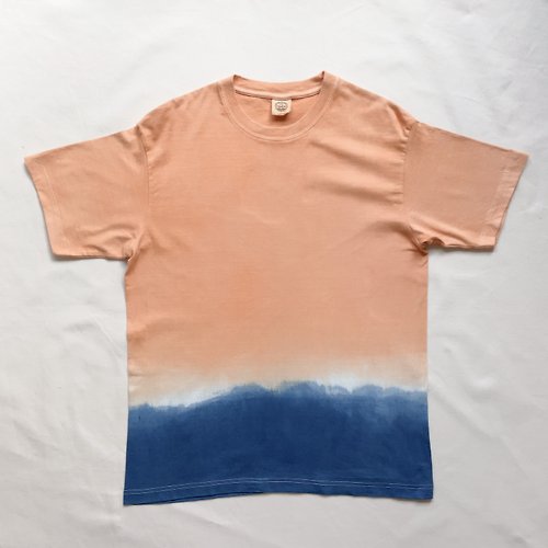 BLUE PHASE 日本製 Tropical Time 優しいオレンジと青に藍染と泥染したオーガニックコットンTシャツ Aizome Mud dyed organic cotton