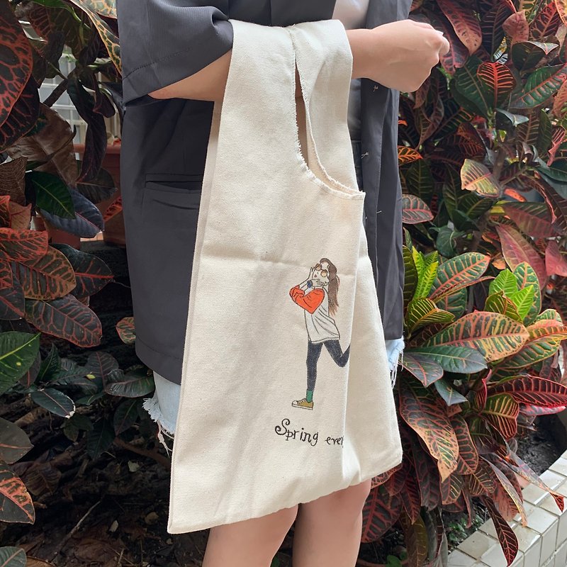 Customized hand-painted canvas vest shopping bag like Yan painted portrait painting gift couple - Handbags & Totes - Cotton & Hemp White