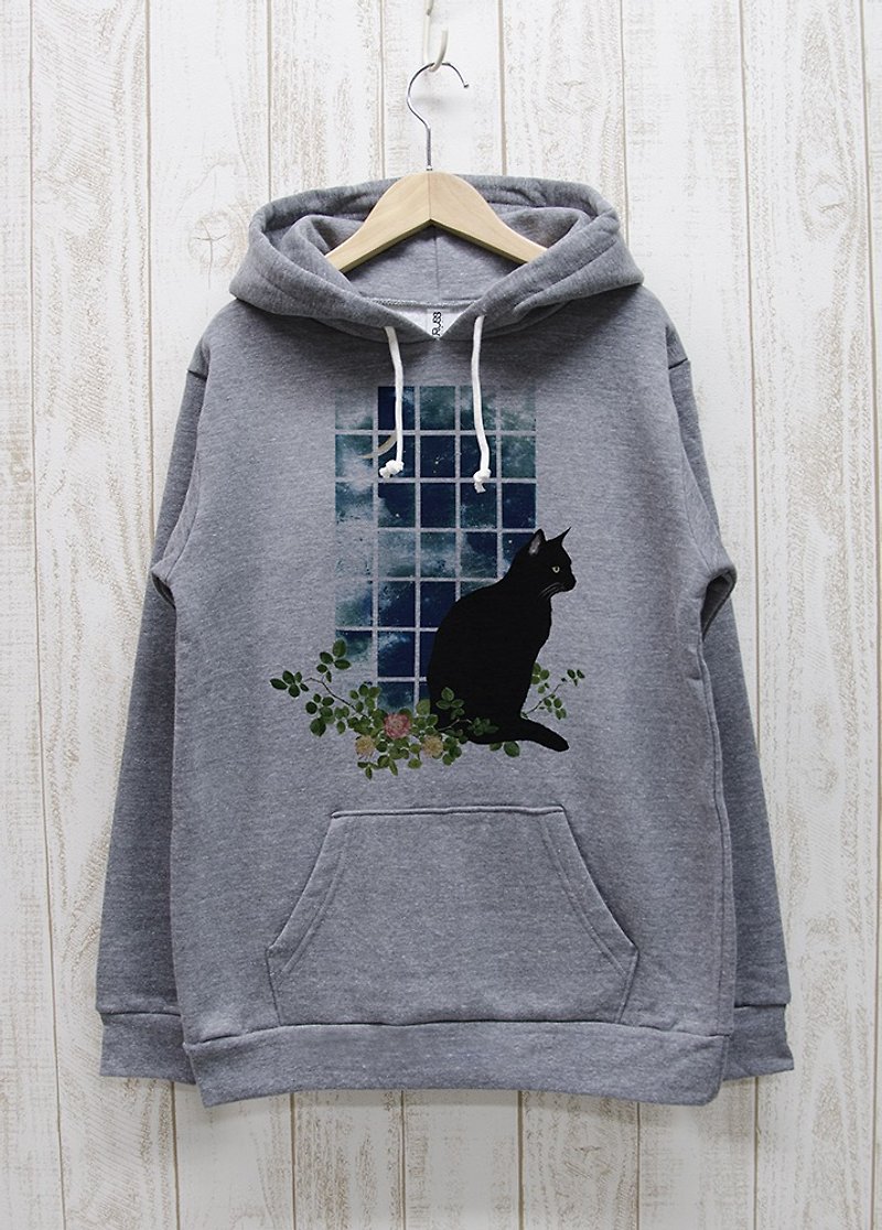 Standing Black Cat Hoodie Window MOON Heather Gray / R031-P-GR - เสื้อฮู้ด - ผ้าฝ้าย/ผ้าลินิน สีเทา