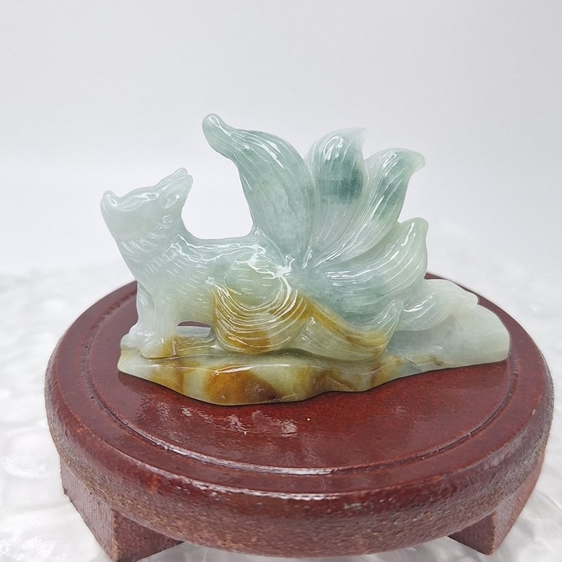 Hand-carved nine-tailed fox ornament with icy blue background and embellished flowers | Natural Burmese jade A grade jadeite - Items for Display - Jade 