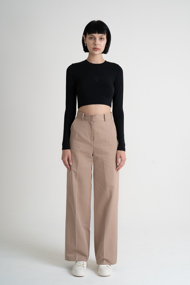 High Waist Wide Leg Trousers | 高腰工裝布落地寬管褲 - 女長褲 - 聚酯纖維 卡其色