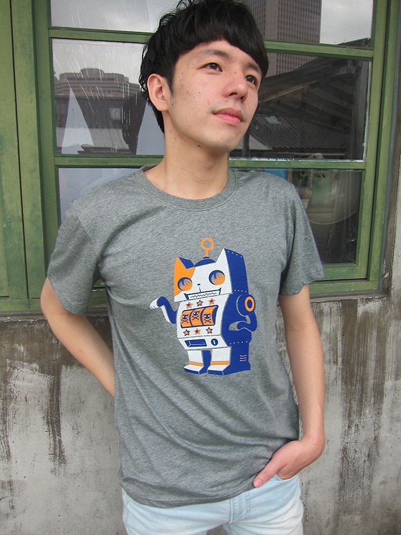 絶版-猫を引っ張る-ニュートラルコットンTシャツ - トップス ユニセックス - コットン・麻 グレー