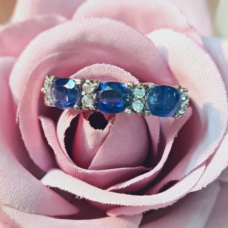 天然藍晶石配天然白色鋯石925銀鍍鉑金戒指 - 戒指 - 寶石 藍色