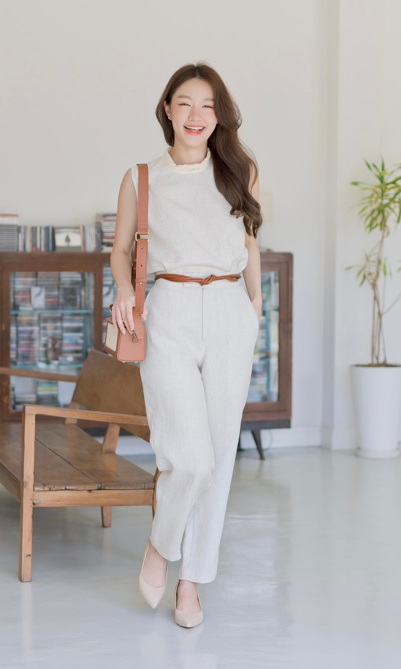 Spring Slim long pants Linen Beige color - 男長褲/休閒褲 - 棉．麻 卡其色