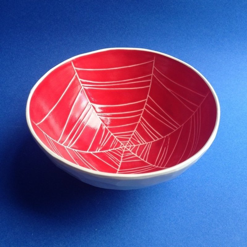 鉢/茶碗 (蜘蛛の巣）赤　bowl (spider web) red - 花瓶/花器 - 陶 紅色