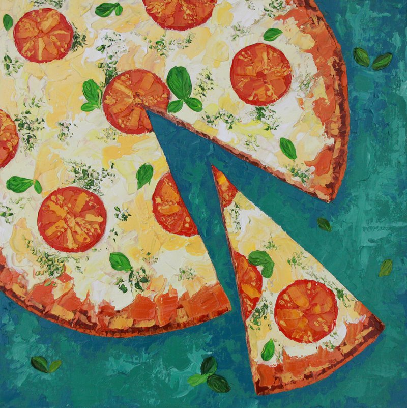Pizza Painting Food Original Art Impasto Artwork Kitchen Wall Art  Oil Canvas - 海報/掛畫/掛布 - 其他材質 綠色