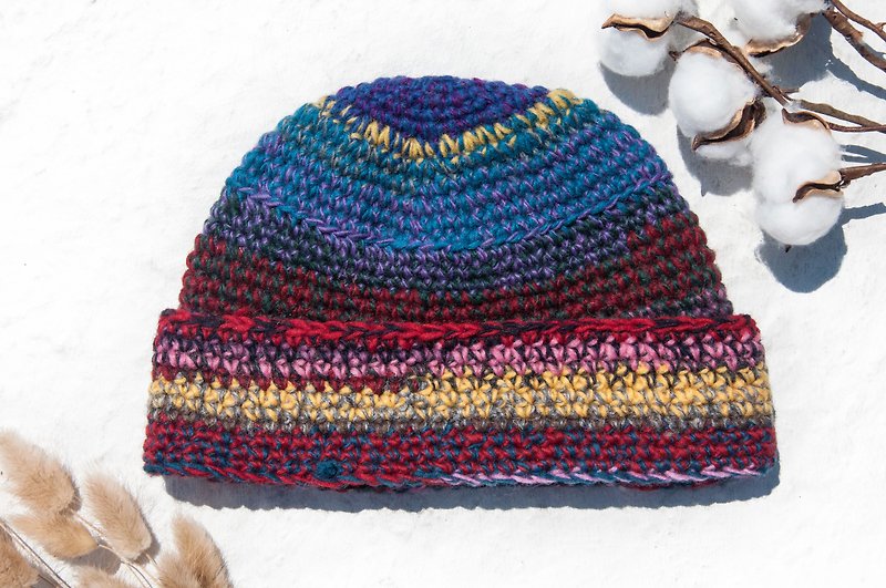 Woven Pure Wool Hat/Knitted Hat/Knitted Woolen Hat/Inner Brush Hand Knitted Woolen Hat/Knitted Hat-Blueberry Star - Hats & Caps - Wool Multicolor