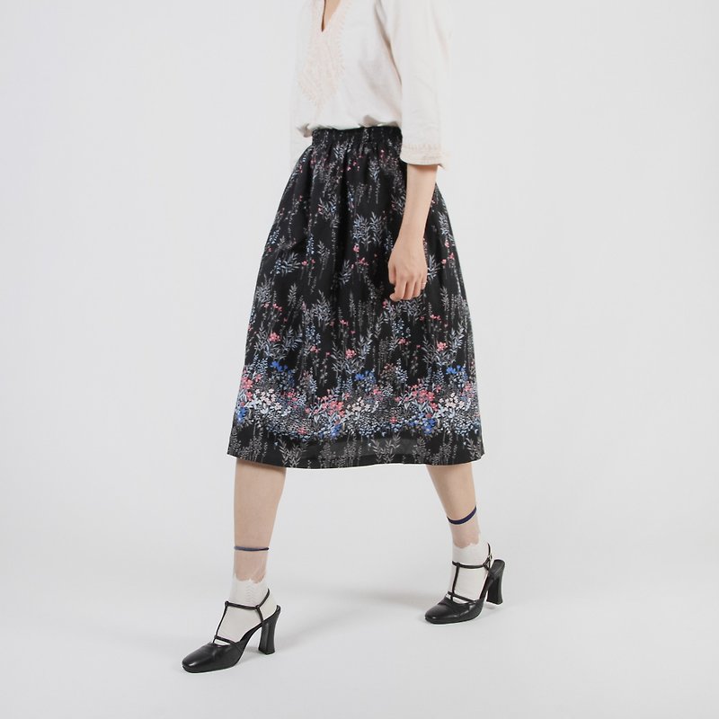 [Egg plant vintage] night floral print vintage dress - Skirts - Polyester Black