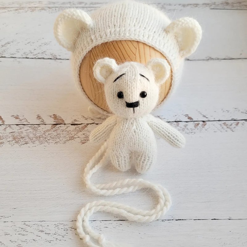 Newborn White Bear bonnet and stuffed toy, Knitted baby photo prop - Baby Accessories - Wool White