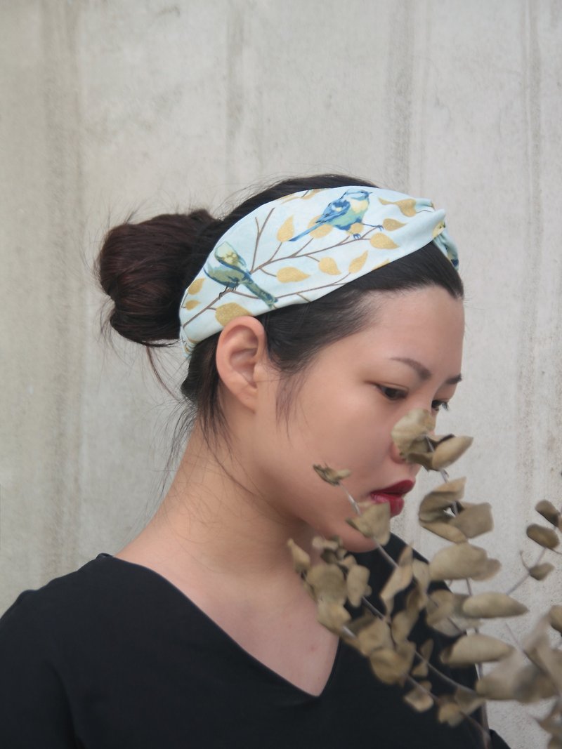 鳴鳥 日本燙金棉布 手工十字鬆緊髮帶 - 髮帶/頭箍 - 棉．麻 藍色