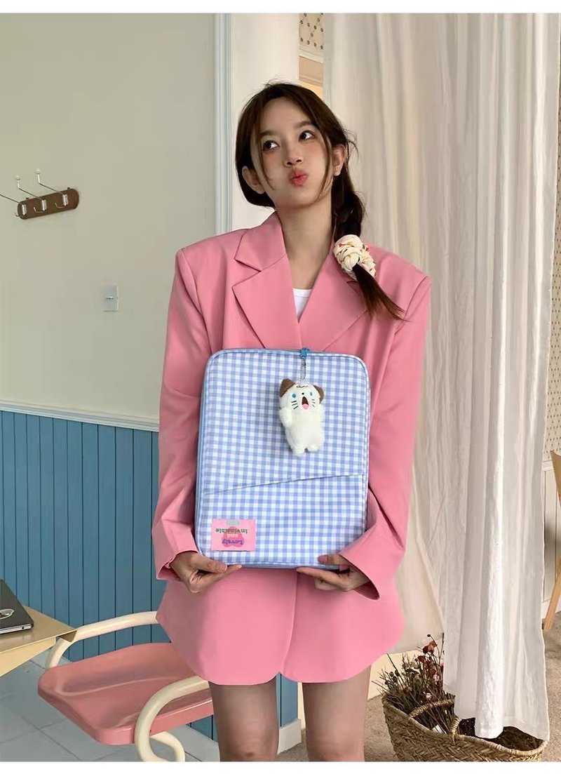 Cute & Invincible Plaid iPad Computer Storage Bag - กระเป๋าแล็ปท็อป - ไนลอน สีน้ำเงิน