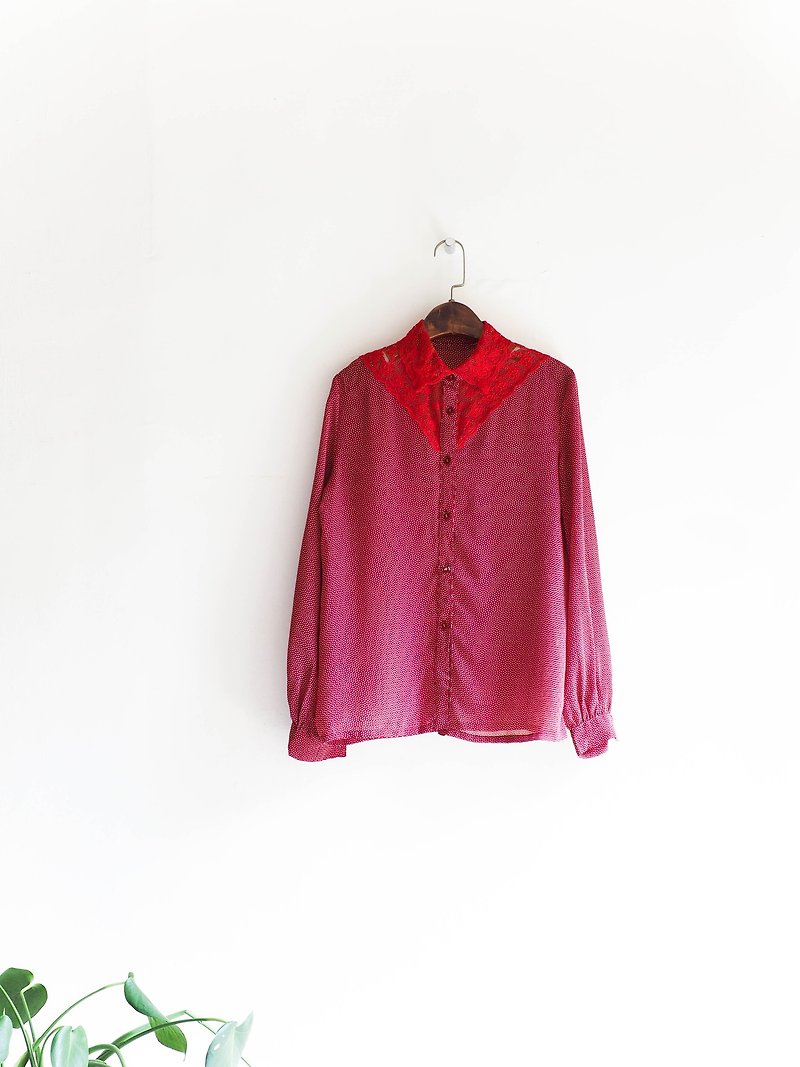 河水山 - 奈良暗紅優雅蕾絲女人 古董絲質襯衫上衣 shirt oversize vintage - 女襯衫 - 聚酯纖維 紅色